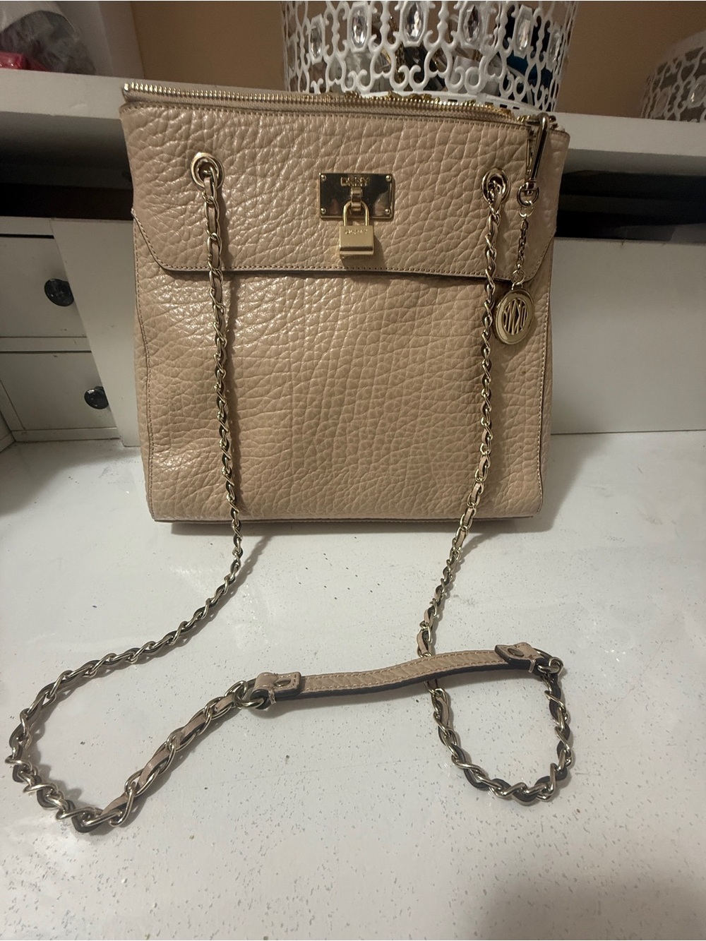DKNY, beige/ nude pebbled leather with chain strap Handle retail price $250 - Picture 14 of 16